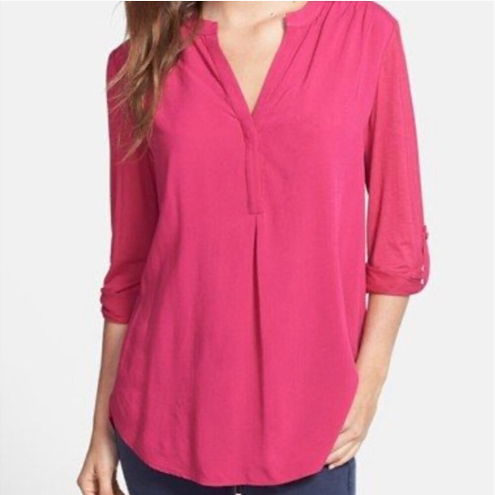 {Pleione} Mixed Media Roll Sleeve Top | Fuscia Pink ~ Size XS